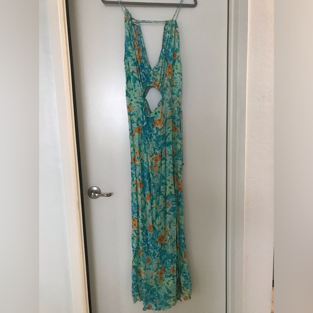 Lé Salty Label Bianca Maxi Dress Cutaway Teal Tropical Floral Green Blue SZ M - Picture 7 of 10